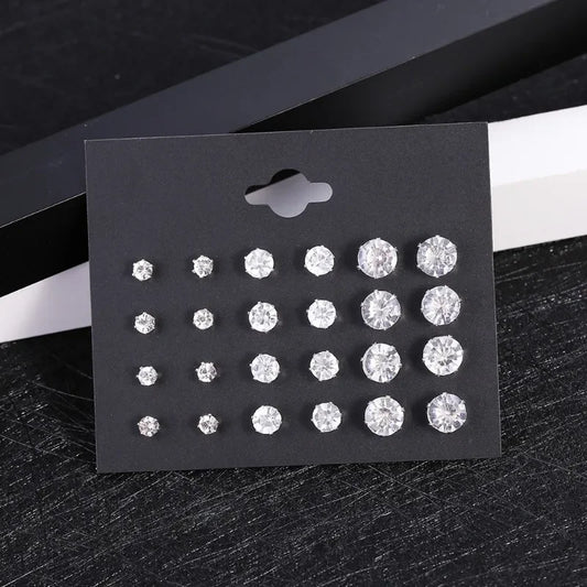 New 12 Pair/Pack White Shiny Wedding Stud Earrings Set For Women Men Crystal Jewelry Accessories Oorbellen Jewelry Earrings