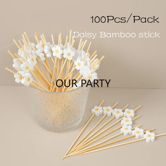 100Pc Sweet Daisy Flower Disposable Bamboo Food Picks Dessert Fruit Forks for Kids Birthday Wedding Baby Shower Party Decoration