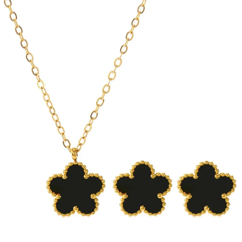 Lucky Five-petal Flower Clover Earrings Necklace Ring Bracelet Four-piece set for Woman Fashionable Accessories Party Jewelry