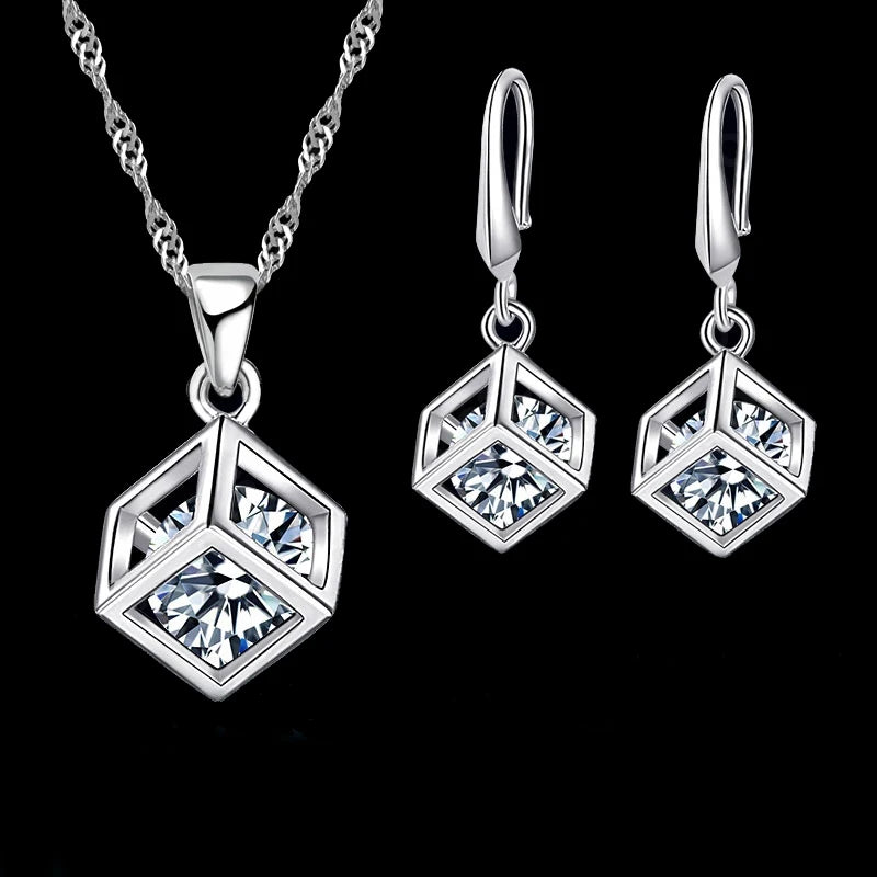 925 Sterling Silver Color Necklaces Earrings Jewelry Sets Hot Sale Cubic Zircon Women Girls Engagement Anniversary Accessory