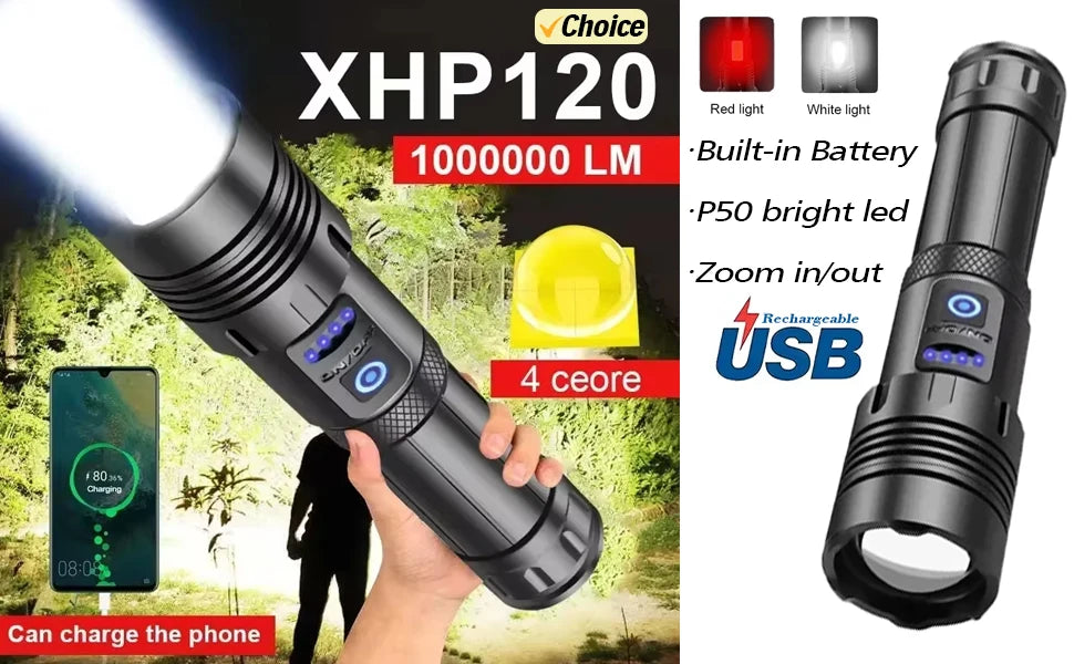 Powerful P70 Led Flashlights 5000LM Ultra Bright Tactical Light Emergency Spotlights Telescopic Zoom Light Builtin 18650 Battery