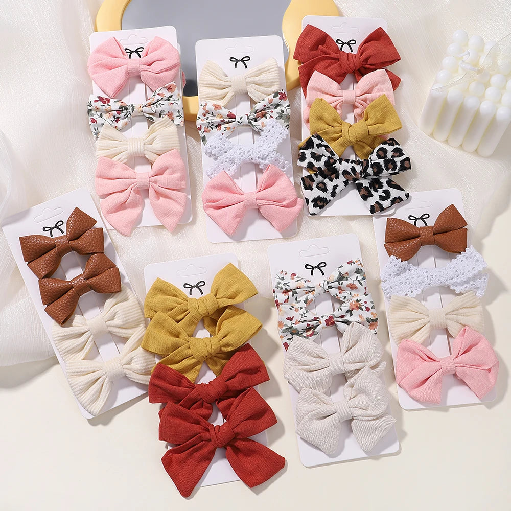 4PCS/Set Muslin Baby Girls Bows Hair Clips Hairpins Hairclip For Kids Cotton Linen Barrette Flower Print Side Pin Accessories