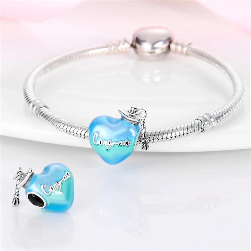 925 Sterling Silver Blue Enamel 2024 Graduation Heart Charm Graduation Cap Fit Pan Bracelet Student Collection Jewelry Gift