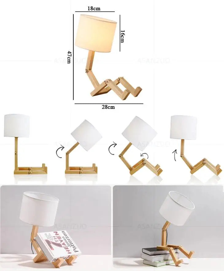 Wooden Robot Shaped Table Lamp Art Decor Home Living Room Bedroom bedside lamps Study Desk Lamp E14 Wood Luminaires