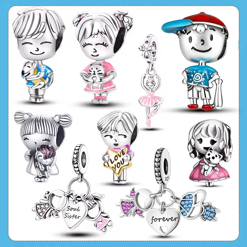 925 Silver Boy and Girl Sisters Couples Dangle Charms Fit Original Charm Bracelet DIY Beads Jewelry Making