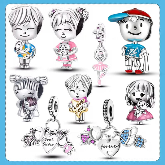 925 Silver Boy and Girl Sisters Couples Dangle Charms Fit Original Charm Bracelet DIY Beads Jewelry Making