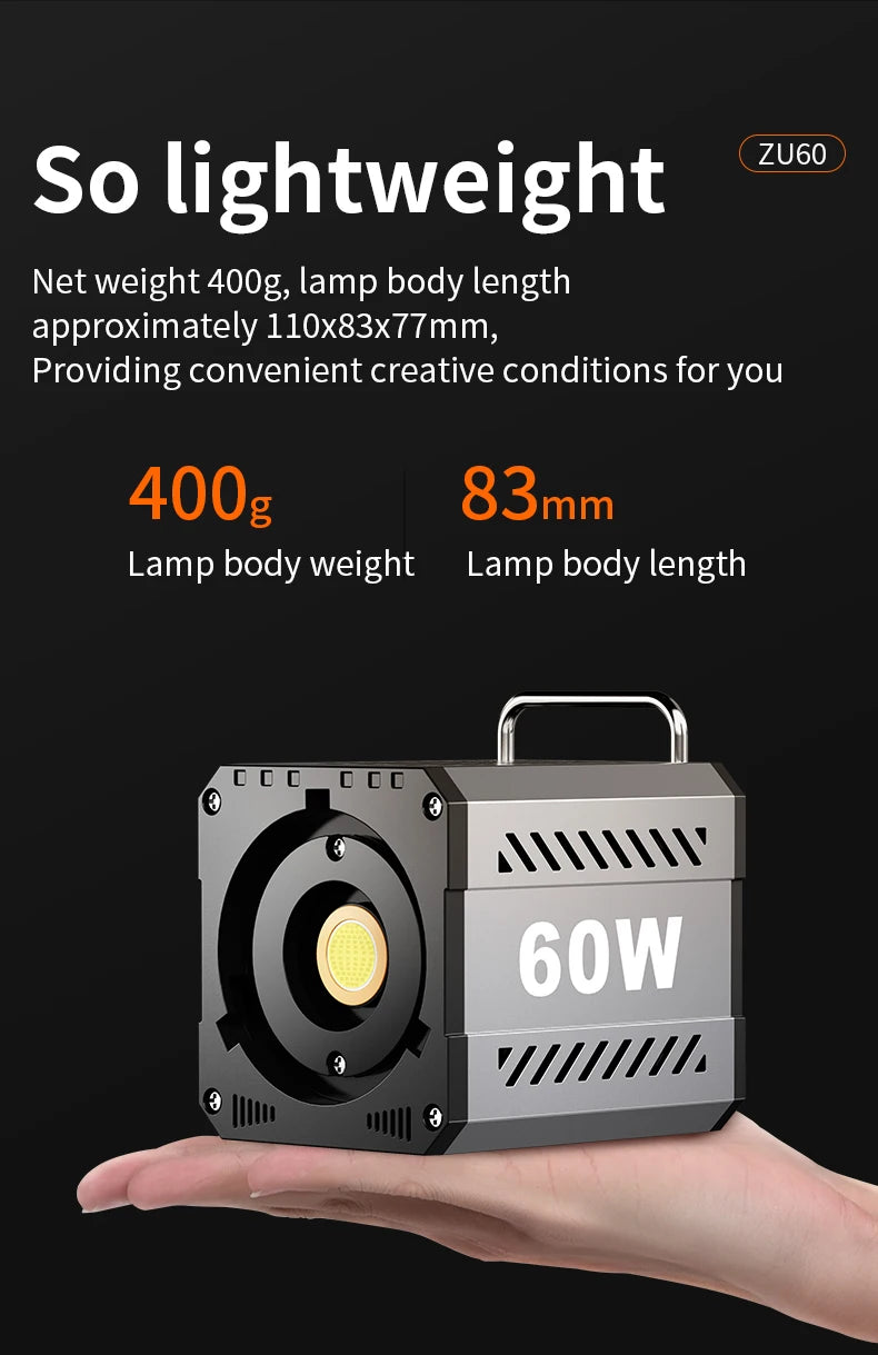 Bi-Color Camera Light 400g Portable 60W COB Continuous Output Lighting CRI≥90 TLCI≥97 Handheld Indoor Outdoor Photography Lights