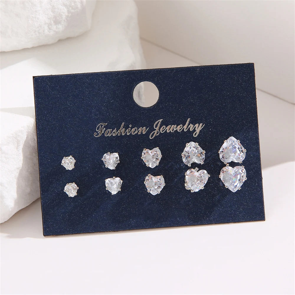 5 Pair/Pack Heart Shiny Wedding Stud Earrings Set for Women Men Crystal Jewelry Ear Studs Accessories Earring Jewelry Gift