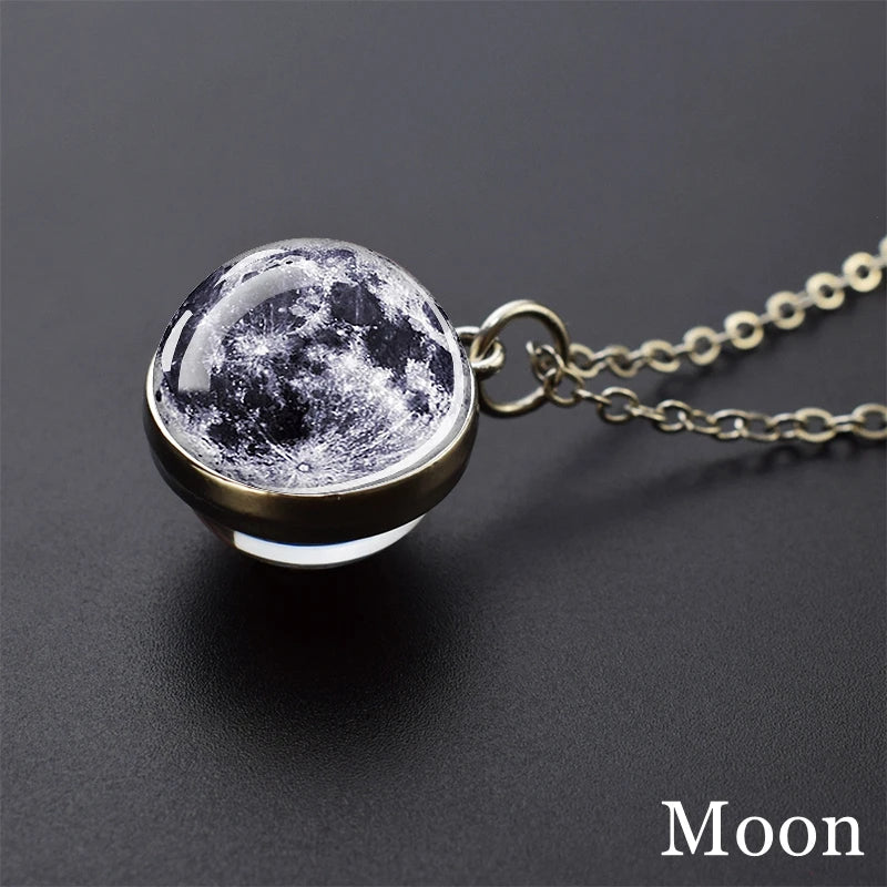 Solar System Universe Space Moon Sun Earth Planet Necklaces Two-sided Glass Ball Pendant Nebula Necklace Women Men Jewelry Gift