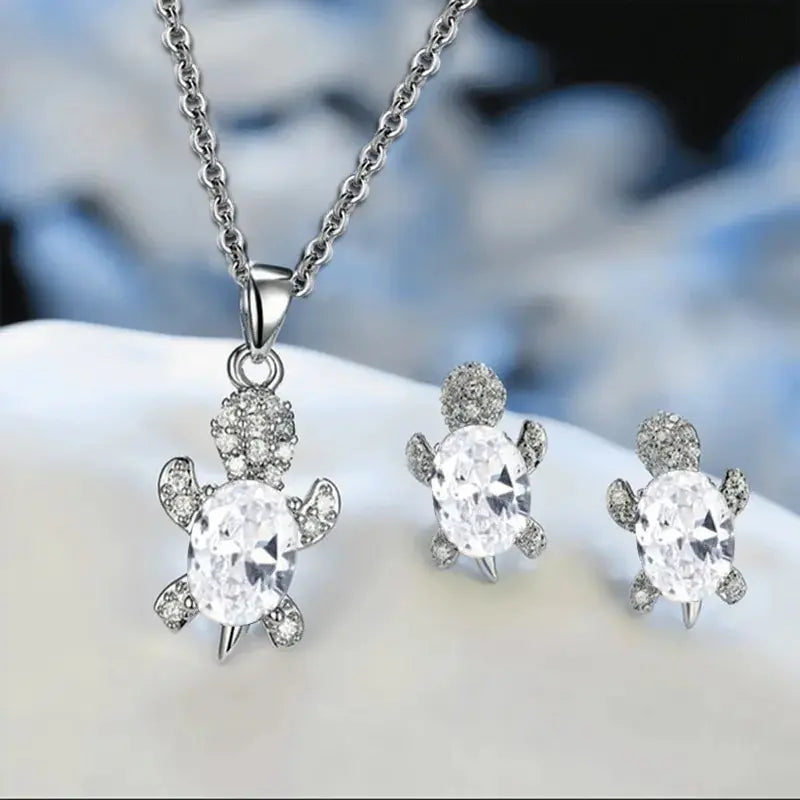 3pcs Silver-plated Necklace Earrings Set Ladies Light Luxury Fashion Style Turtle Shape With Multi Color Glass Diamond