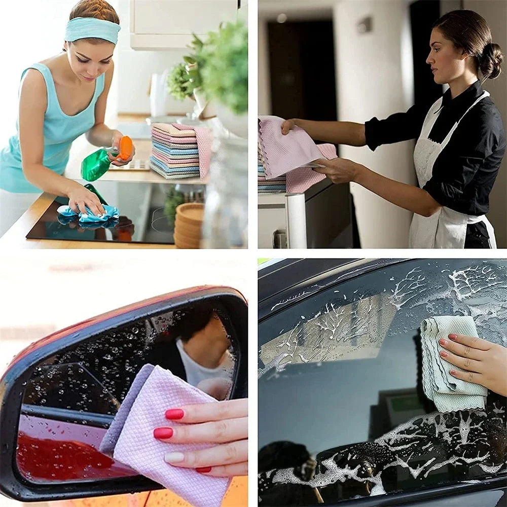 10pcs Kitchen Cleaning Microfiber Fish Scale Cloth Dishwashing Cloth Lint-free Dining Table Glass Wipe Polishing Reusable