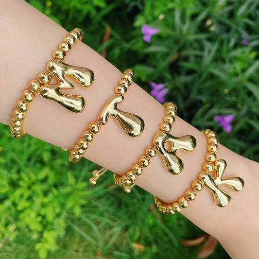 Vintage Chubby Balloon Bubble Initials Gold Plated A-Z Letters Copper Beads Elastic Gold Handmade Beaded Bracelet Women Jewelry