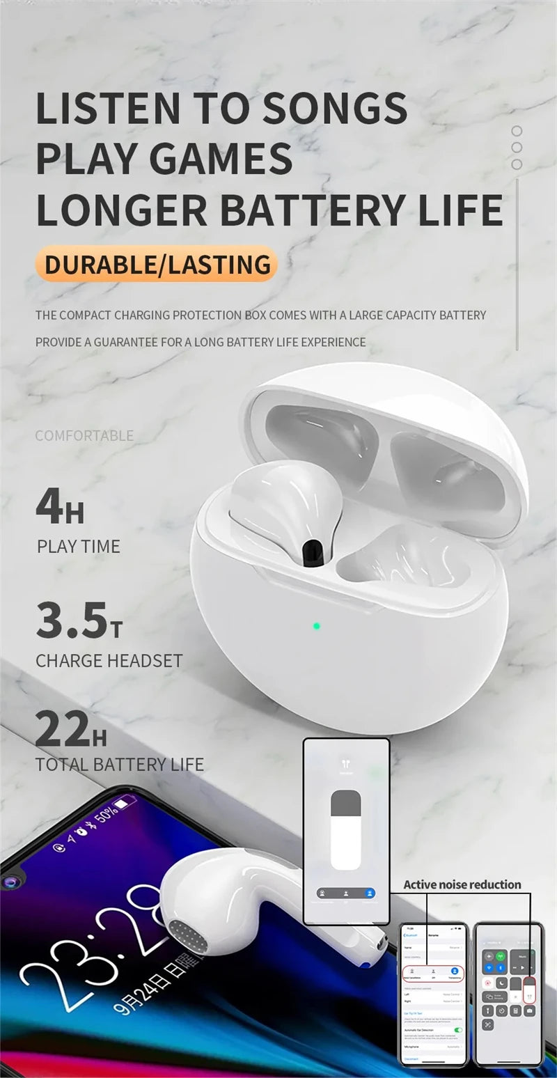 Bluetooth Earphones for iPhone Wireless Bluetooth Headset Pro 6 TWS Noise Cancelling Earbuds with Mic Pro6 Wireless Headphones