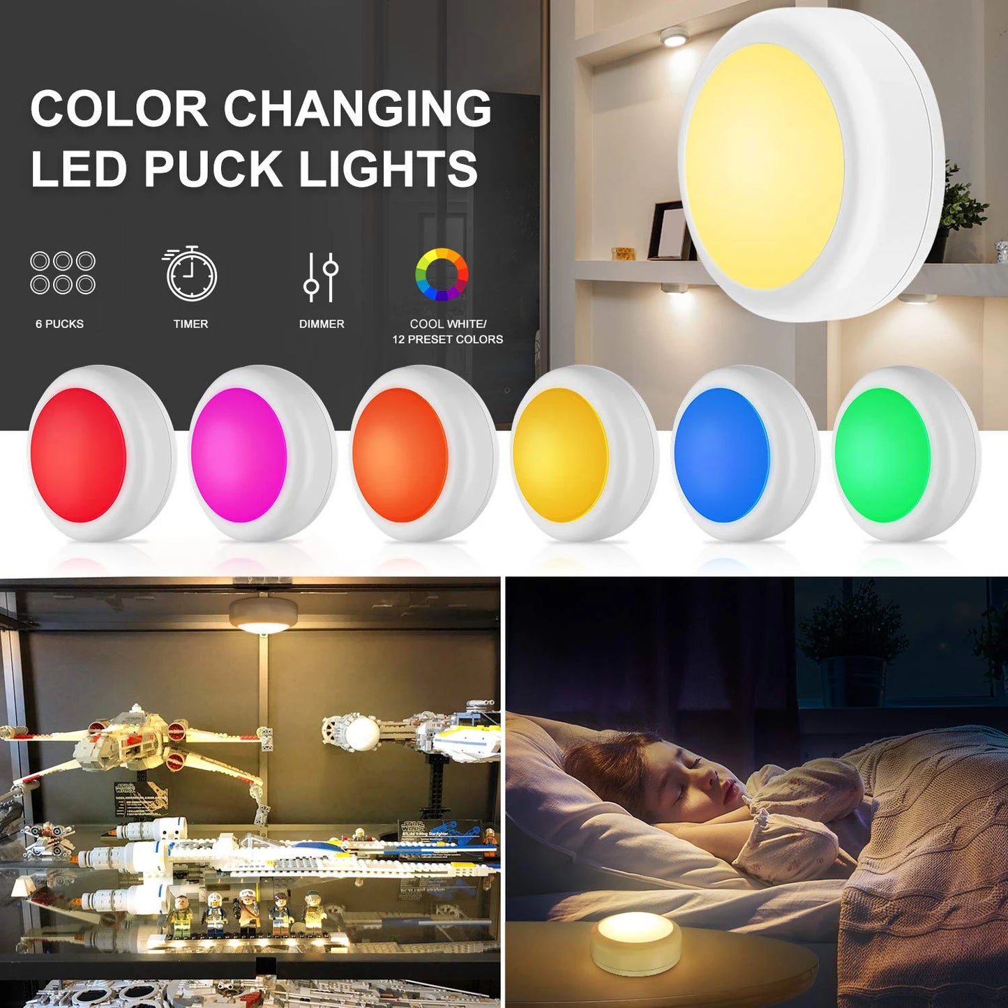 RGB LED Puck Lights with Remote Battery Powered Interior Closet Under Cabinet Light Lamp for Kitchen Bedroom Wardrobe Decoration