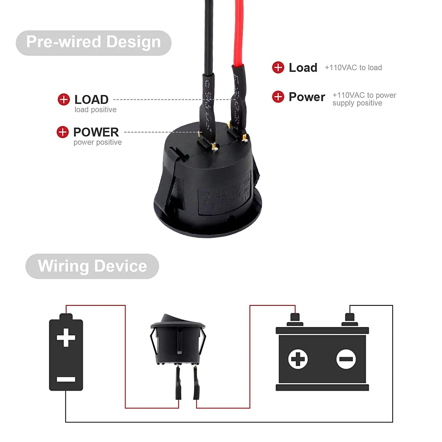 6Pcs Mini Rocker Switch 12 Volt ON Off Toggle Switch with Pre-Wired 6A/250V 10A/125V AC 12V DC Electrical Switches for DIY Apply