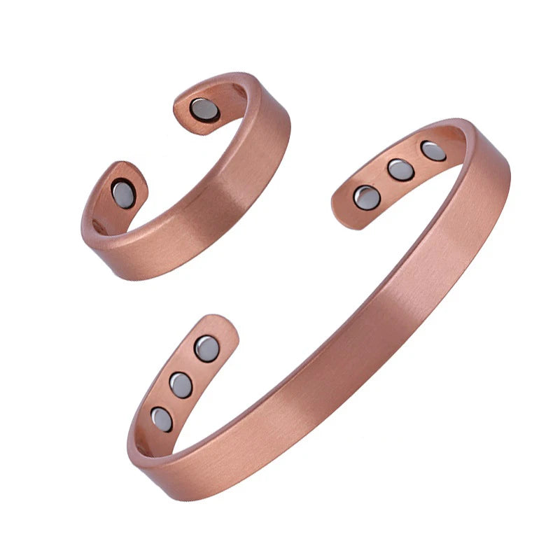 SNQB Simple Jewelry Set Pure Copper Bracelet Rings Cuff Magnetic Bangles For Women Men Arthritis Health Solid Copper Jewelry