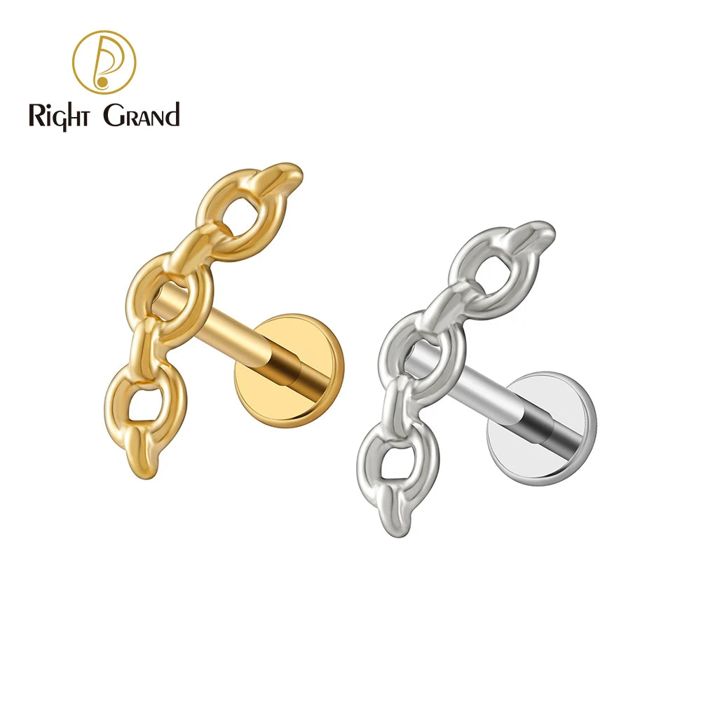 Right Grand ASTM F136 Titanium 16G Chunky Chain Stud Earring Chain Link Cartilage Helix Tragus Nose Labret Piercing Body Jewelry