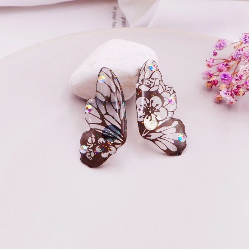 Minar Fairy Gradient Blue Color Resin Butterfly Wings Drop Dangle Earrings for Women Girls Rhinestone Glitter Pendant Earring