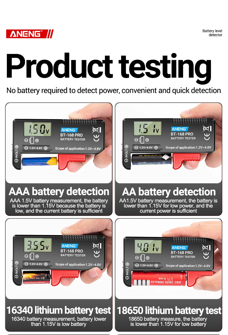 ANENG BT-168 PRO Digital Lithium Battery Capacity Tester Checkered load analyzer Display Check AAA AA Button Cell Universal test