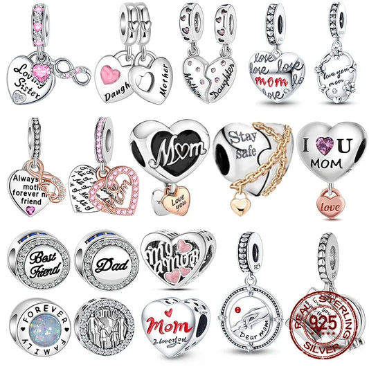 925 Sterling Silver Heart Shaped Warm Family MOM Charm Beads Fit  Original Bracelets Fine DIY Mother's Day Jewelry Gifts