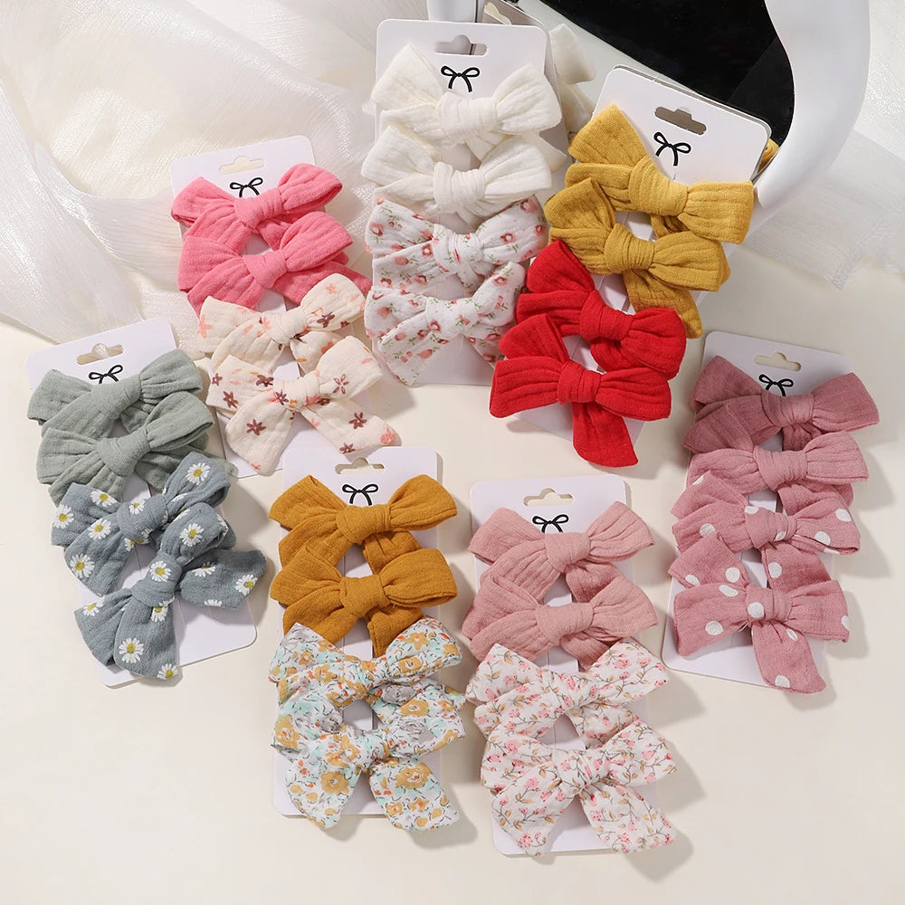 4PCS/Set Muslin Baby Girls Bows Hair Clips Hairpins Hairclip For Kids Cotton Linen Barrette Flower Print Side Pin Accessories