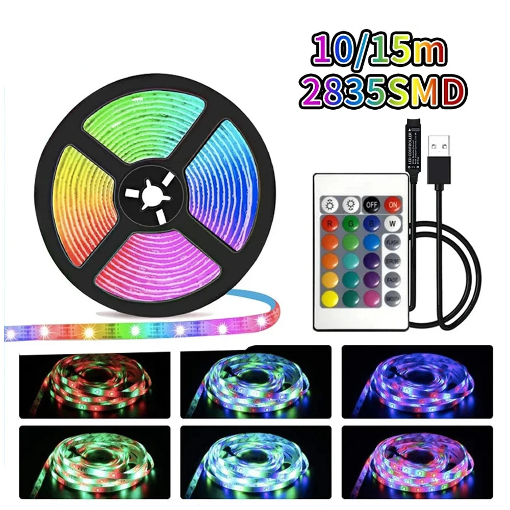 10M/15M/20M USB LED Strip Light 2835 RGB Remote Control Flexible Lamp Tape Lights Ribbon TV Desktop Screen BackLight Diode