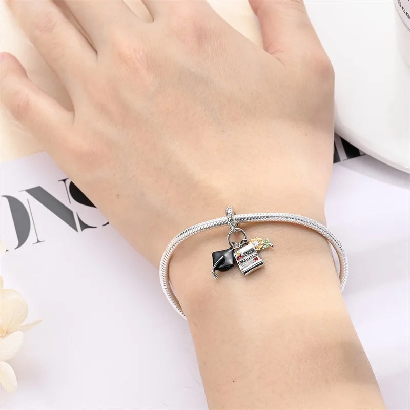 925 Sterling Silver Blue Enamel 2024 Graduation Heart Charm Graduation Cap Fit Pan Bracelet Student Collection Jewelry Gift