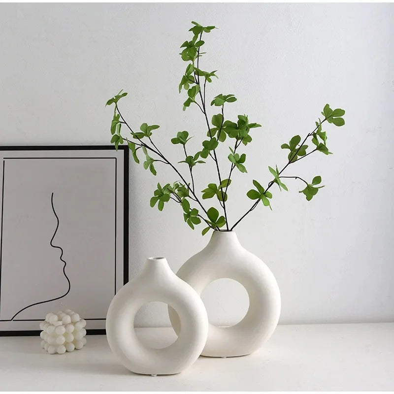 Imitation Ceramic Pure White Vase Single Branch Flower Display Decorative Vase  Arranging Ornament Donut Design Table Decoration