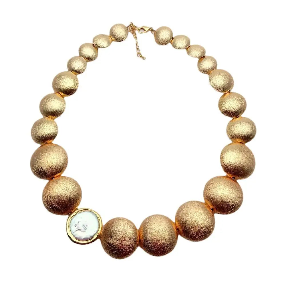 Y.YING Cultured White Coin Keshi Pearl Brushed Bead Necklace Graduated Chokers Trend Fashion Jewelry