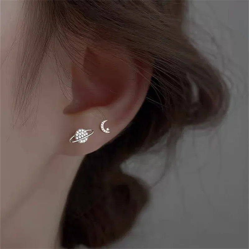 Simple Zircon Star Moon Planet Stud Earrings for Women Gold/Silver Color Asymmetry Ear Pendants Fashion Jewelry