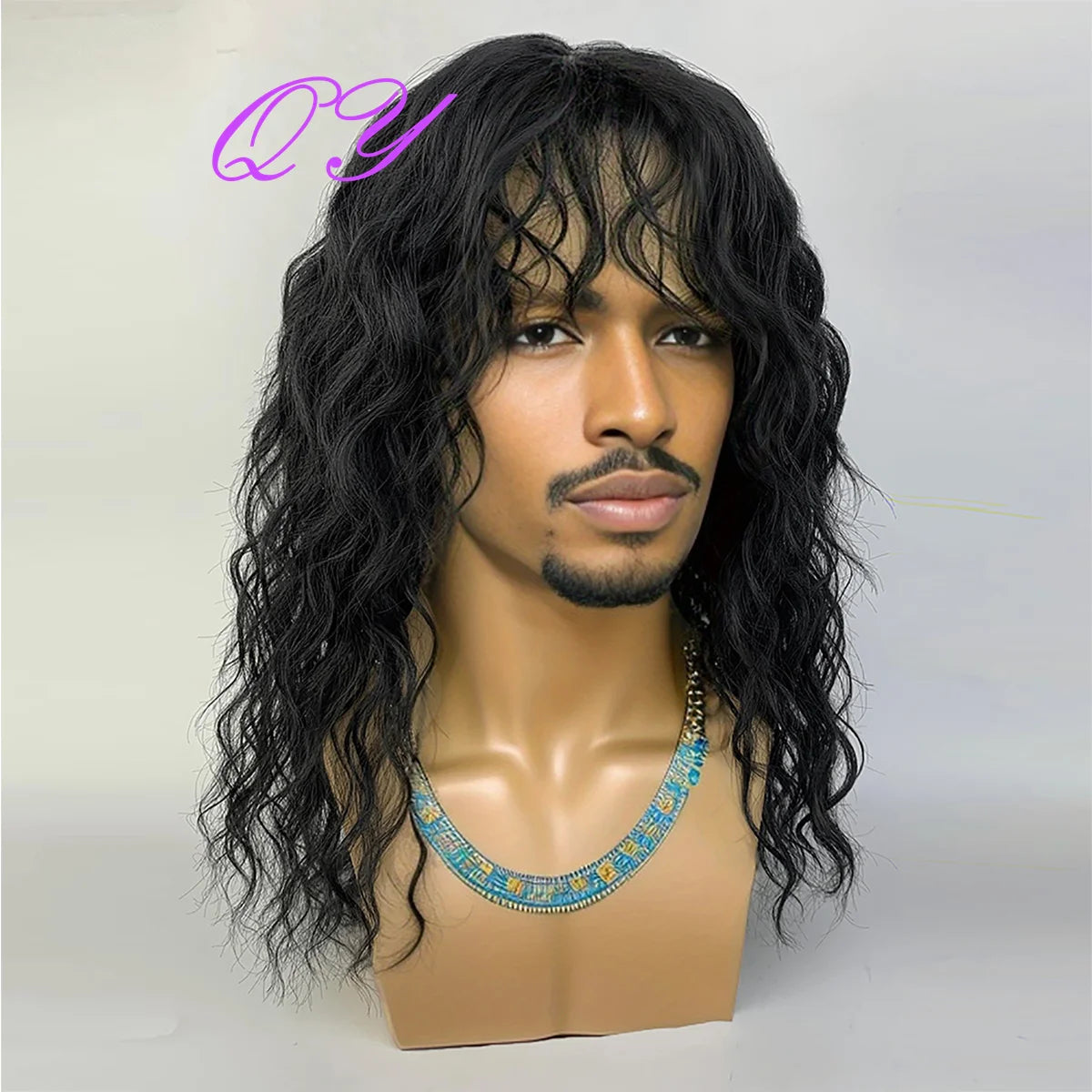 Synthetic Men Wig Natural Curly Dark Brown Color Male Wig With Bangs Water Wave Daily or Cosplay Adjustable Man Hair Wig