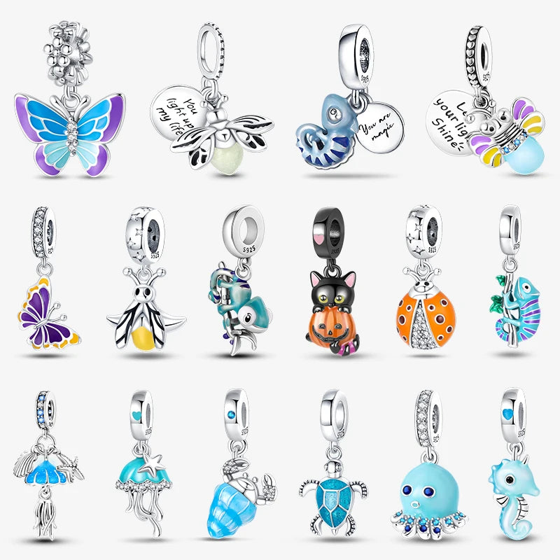 Charms S925 Sterling Silver Glow-in-the-dark Firefly Chameleon Charm Pendant For original Pandora Charms Bracelet Gift beads