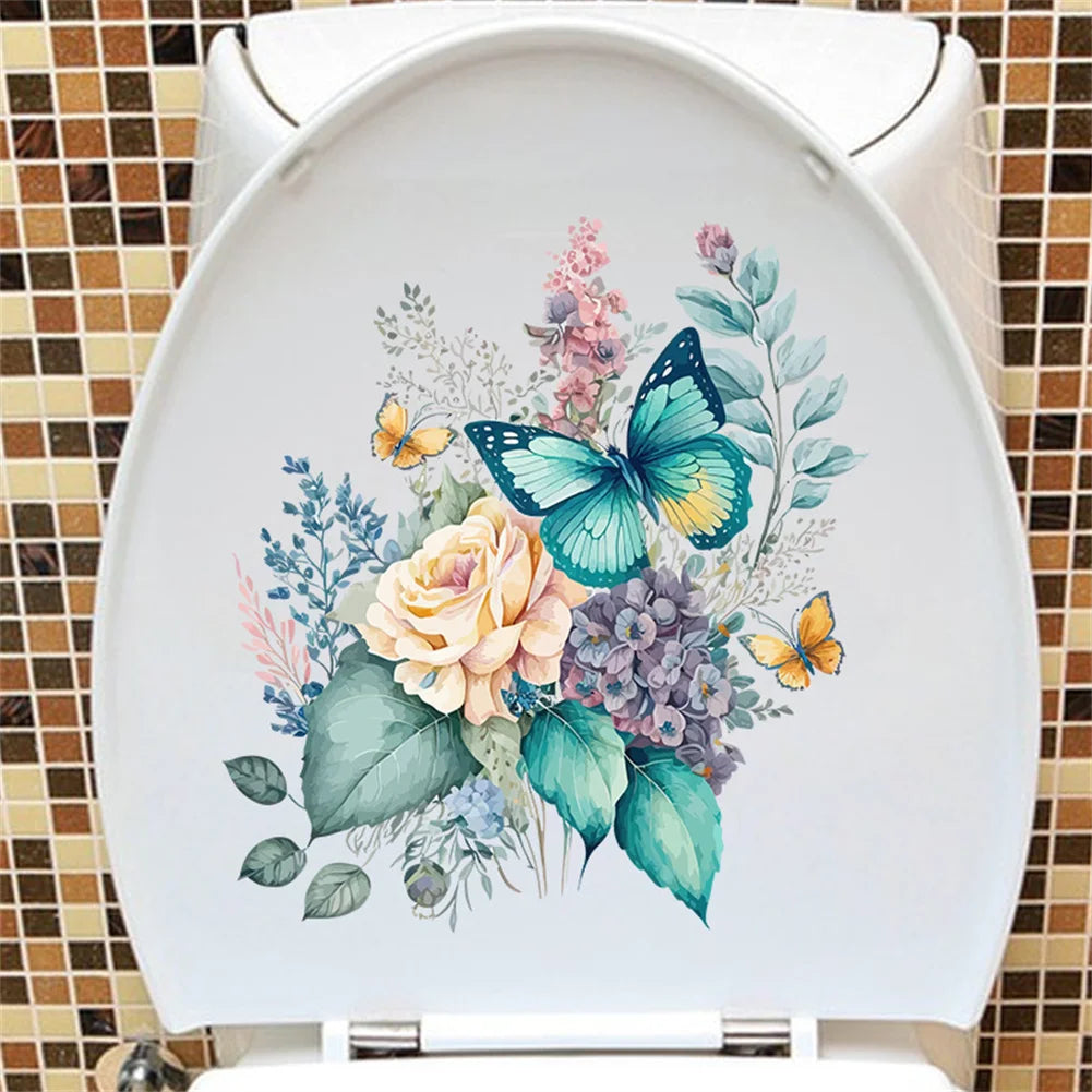 Butterfly Flowers Bathroom Toilet Wall Sticker Self-Adhesive Waterproof Removable Decals For Restroom WC Toilet Lid Decorations