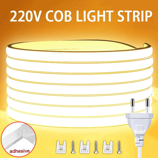 1M-30M 220V COB LED Strip Light Waterproof COB LED Tape EU Power Plug Flexible Ribbon Lamp For Bedroom Kitchen Outdoor Decor