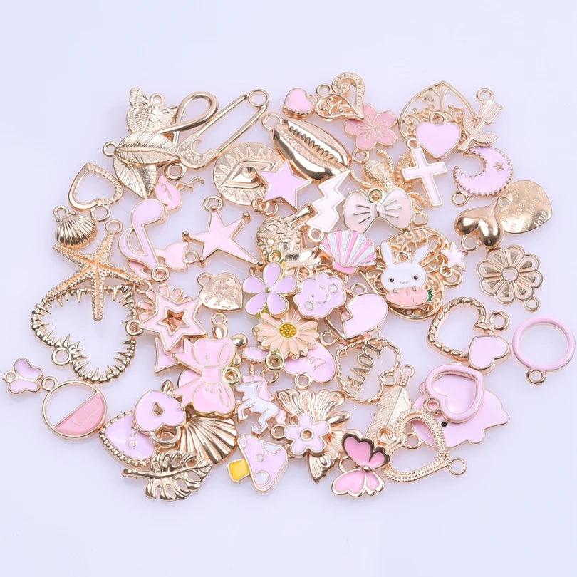 Enamel Alloy Heart Leaves Mushroom Pink Gold Color Charms Shell Starfish diy Women Bracelet jewelry making Mix Pendant Accessory