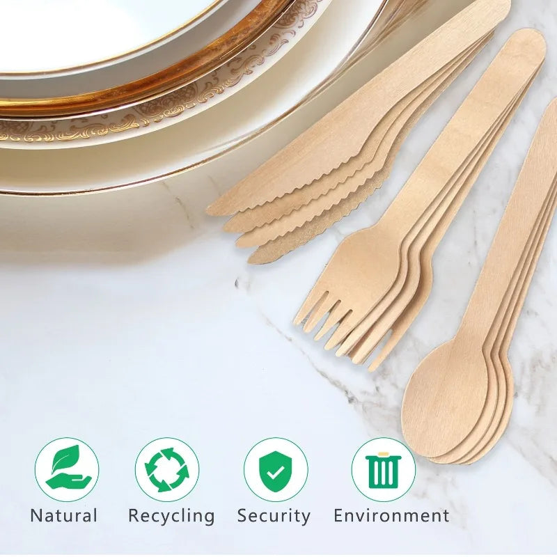 50/100PCS Disposable Wooden Forks Spoons Knives Parties Weddings Cafes Environmentally Friendly Disposable Wooden Tableware