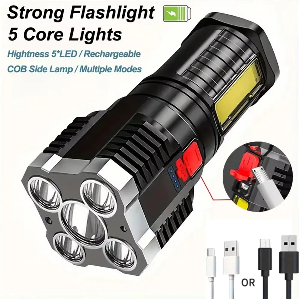 5 LEDs High Power Flashlight Rechargeable Camping Torch Light With COB Side Light 4 Modes For Camping Adventure Hiking Outdoor