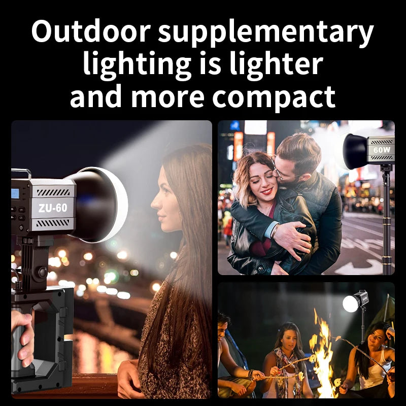 Bi-Color Camera Light 400g Portable 60W COB Continuous Output Lighting CRI≥90 TLCI≥97 Handheld Indoor Outdoor Photography Lights