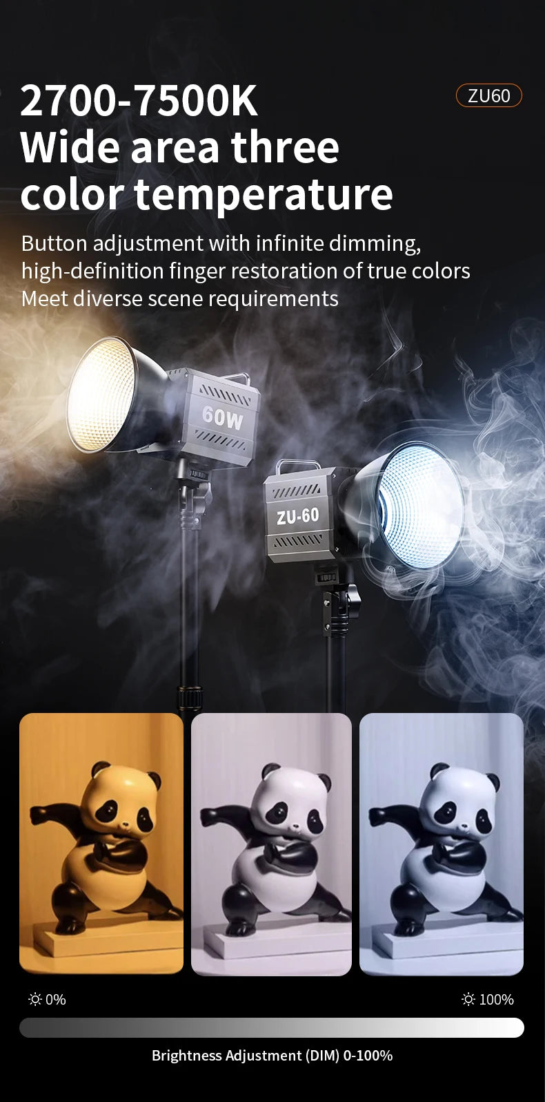 Bi-Color Camera Light 400g Portable 60W COB Continuous Output Lighting CRI≥90 TLCI≥97 Handheld Indoor Outdoor Photography Lights