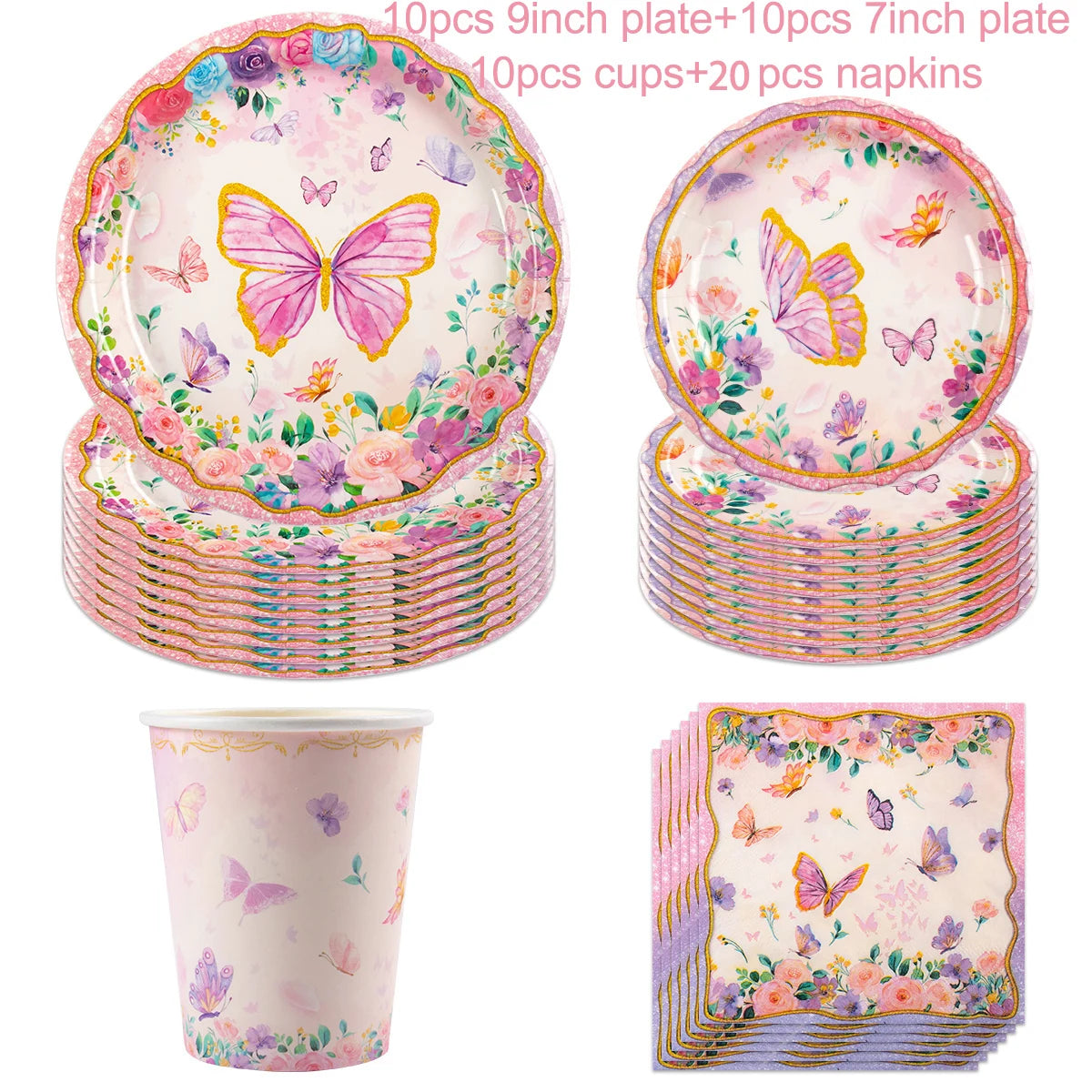 Butterfly Party Supplies Tableware Set for 8-20 Guests Butterfly Spring Floral Birthday Party Paper Plates Napkins Decorations