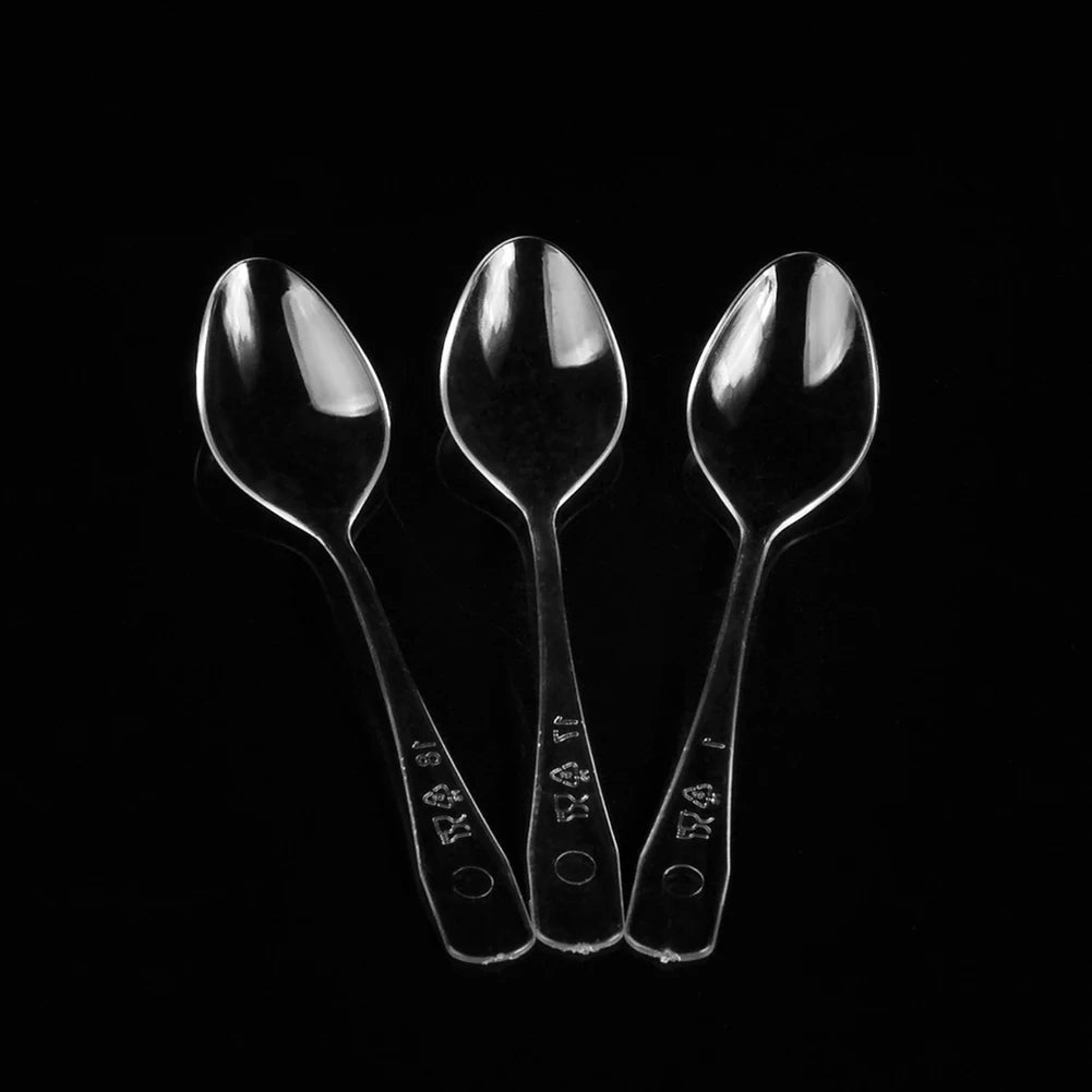 100 Pcs Disposable Mini Tasting Spoons For Ice Cream Cake Desert Jelly Pudding Party Supplies Black/Clear Plastic Serving Spoons