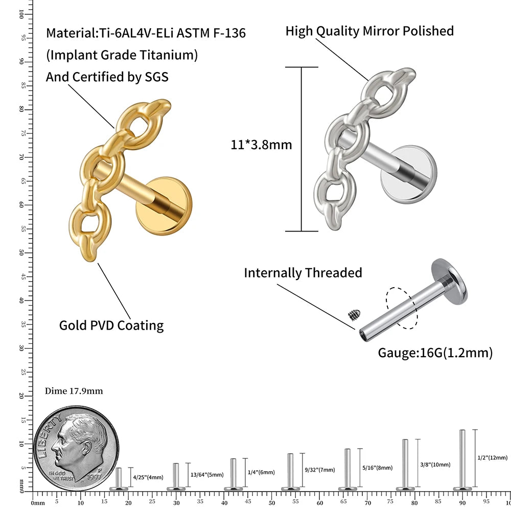 Right Grand ASTM F136 Titanium 16G Chunky Chain Stud Earring Chain Link Cartilage Helix Tragus Nose Labret Piercing Body Jewelry