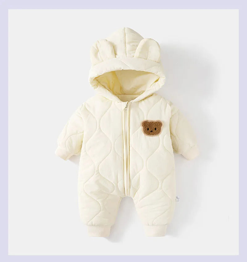 ﻿ Winter Baby Outwear Clothing Fur Lining Warm Thick Toddler Girl's Boy's Rompers Cartoon Bear Infant Jumpsuit