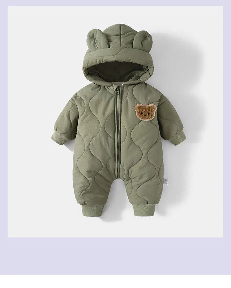 ﻿ Winter Baby Outwear Clothing Fur Lining Warm Thick Toddler Girl's Boy's Rompers Cartoon Bear Infant Jumpsuit