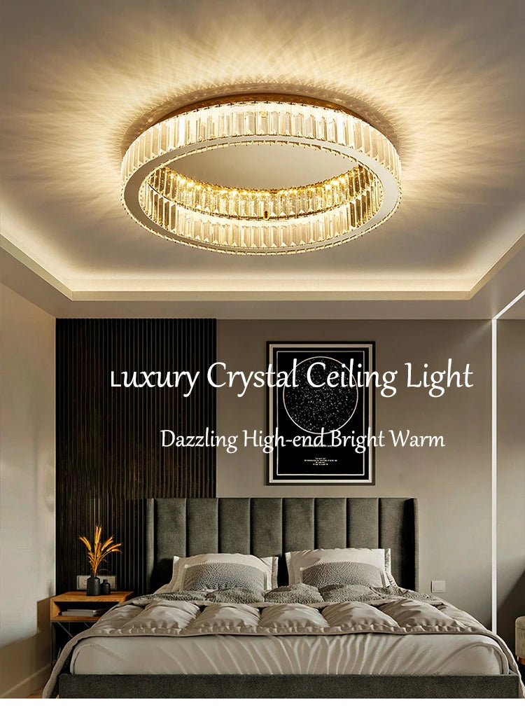 Modern interior living room luxury gold round crystal ceiling light indoor home lighting ceiling light ring glossy LED light