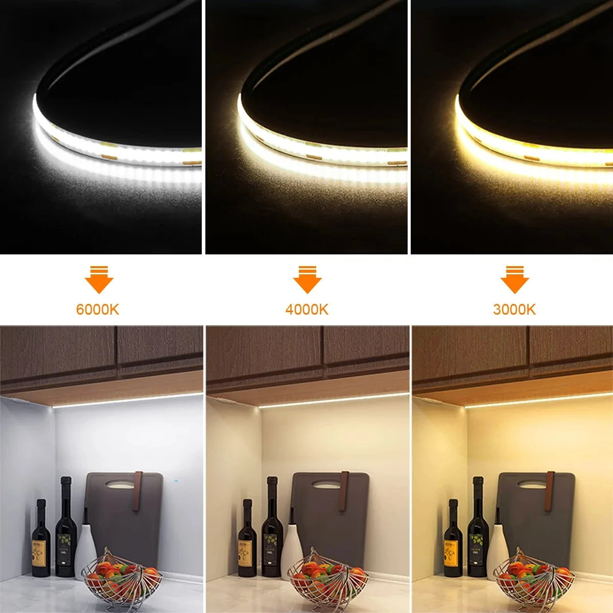 12V 16.4ft Cob Flexible Cool White, Natural Light, Warm,LED Strip Light, Cabinet, Bar, Counter, Living Room (without Power Suppl