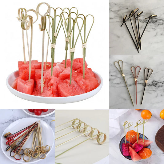 100Pcs 12CM Disposable Bamboo Fruit Picks Knot Skewers Cocktail Decoration Toothpicks Salad Sandwich Buffet Desserts Decoration