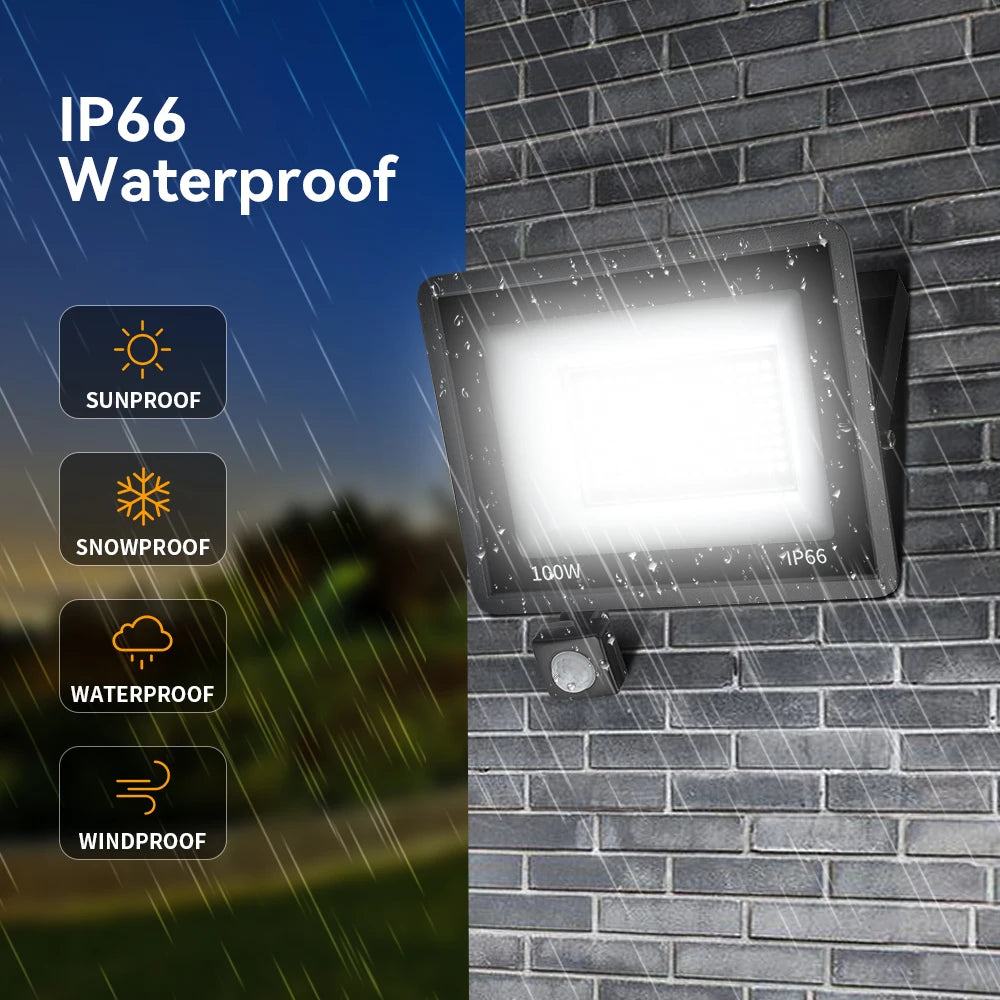 LED PIR Motion Sensor Floodlight Outdoor Wall Light White Light 100W 50W 30W 20W 10W IP66 Waterproof LED Spotlight For Garden