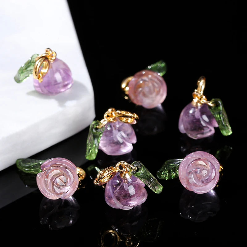 1 Pc Natural Amethyst Rose Flower Shape Copper Buckle Pendant Quality Charm For Jewelry Making Diy Necklace Bracelet Accessory