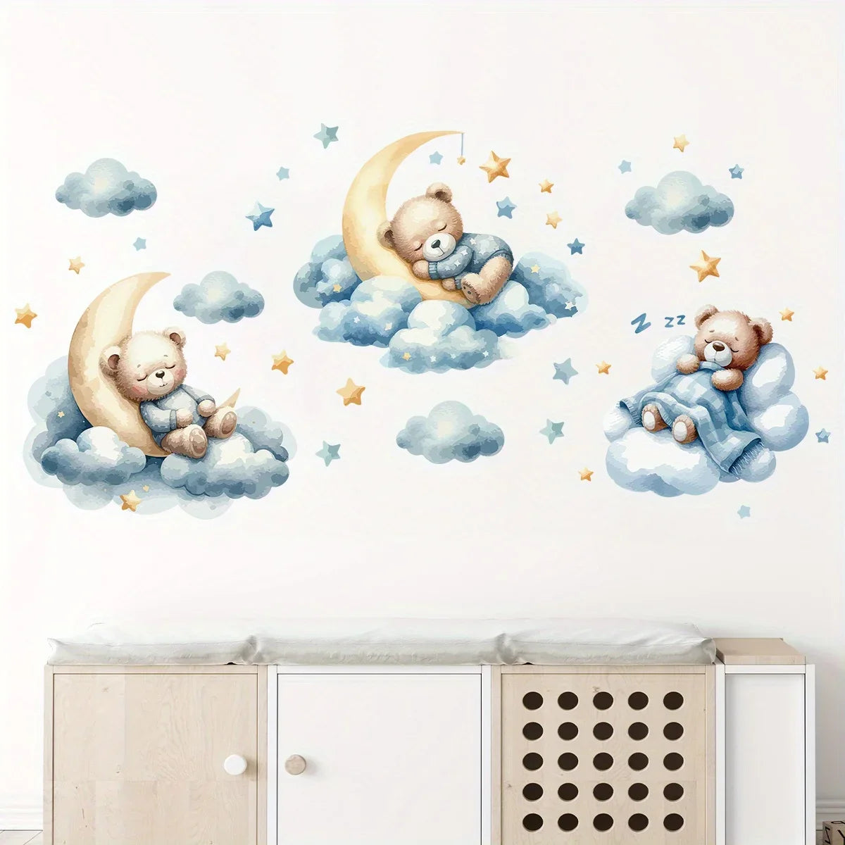 1Pc Cartoon Teddy Bear Sleeping on Clouds Animal Wall Stickers Room Decor Bedroom Children Kids Room Decoration Wall Decals Home